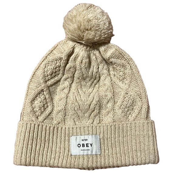 Obey Cream Cuffed Pom Pom Knit Beanie - Picture 1 of 7